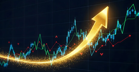 a digital graph showing upward trend with a golden arrow pointing upward