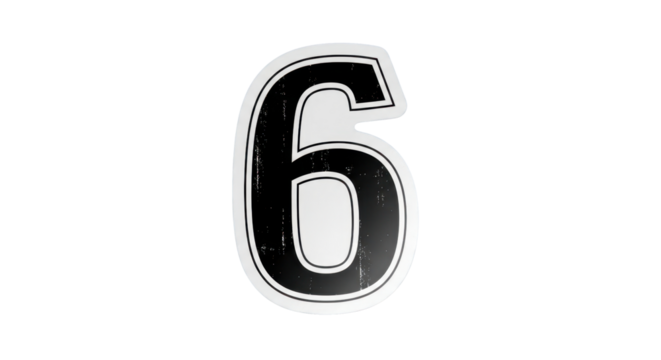 A stylized black-and-white number “” placed over a blue crumpled paper background, white outline border, sticker design, light shadow, isolated element, modern collage aesthetic