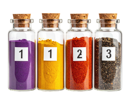 Four small glass jars filled with different colored spices