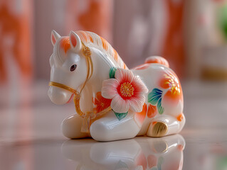 白い馬の高級な陶器の置き物。午年のお祝い