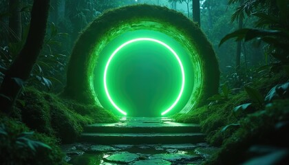 Green neon ring glows in rich jungle. Mossy stone steps lead to portal like gateway. Dark forest plants surround mystic entrance, magical portal for fantasy concepts.