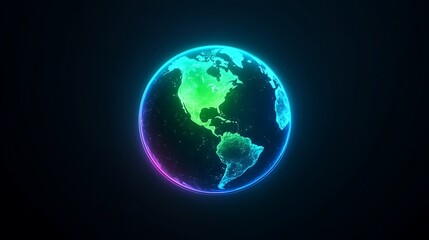 Glowing digital Earth in vibrant neon colors against a dark background, representing global connectivity and technology