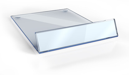 Clear acrylic horizontal stand with blank shelf talker or price tag. 3d illustration on white background