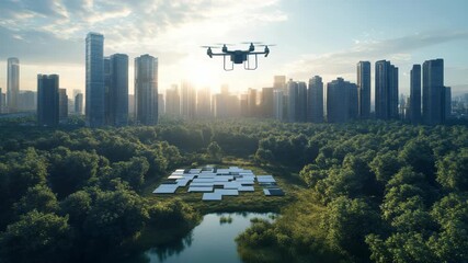 The futuristic drone transportation integrated urban landscapes beautifully merges cuttingedge technology with the natural world, highlighting the possibilities of a sustainable and innovative future - Powered by Adobe