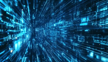Abstract digital data stream flowing through a futuristic tunnel