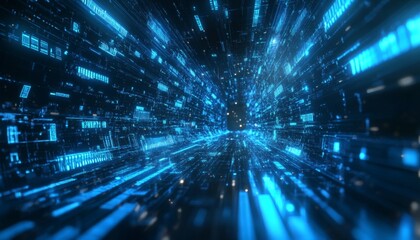 Abstract digital tunnel of glowing blue data streams