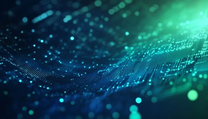 Abstract teal and green digital wave with glowing particles