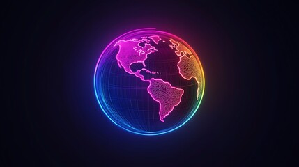 Fototapeta premium Glowing Earth in a spectrum of colors against a dark background. The globe showcases the continents with vivid neon lines, evoking a sense of global connection.