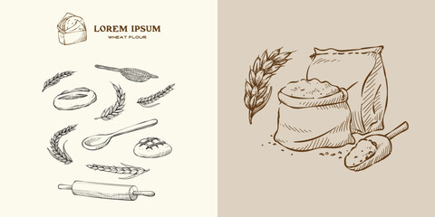 Take away bakery concept logo and sack of flour some stalk of rye, wheat, and barley for bakery bread product. Include hand drawn illustration of baking utensils and sourdough snack food element set