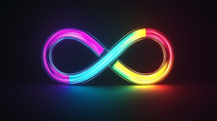 An infinity symbol with neon colors on a dark background. It symbolizes endless possibilities and represents innovation and creativity