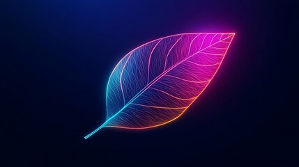 An artistic neon leaf glowing against a dark background. The leaf glows with a captivating array of vibrant colors.