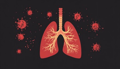 Human lungs with numerous viruses infecting the respiratory system