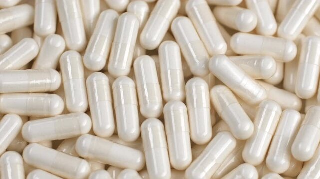 Medical white capsules, rotation. Tablets or vitamins close up, rotation