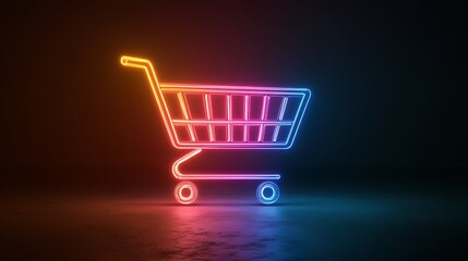 Neon shopping cart sign illuminating against a dark background, highlighting modern commerce