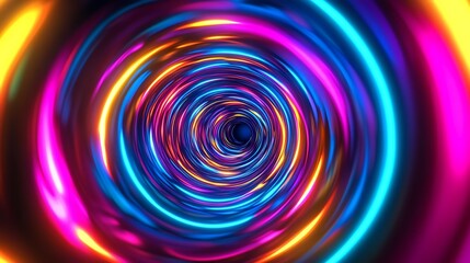 Colorful spiral tunnel with neon light effect. The tunnel is a captivating visual that will add a sense of depth and movement to any project.