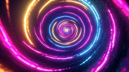 Abstract swirling tunnel with neon lights, creating a mesmerizing visual. The design is energetic, featuring vibrant colors and dynamic patterns