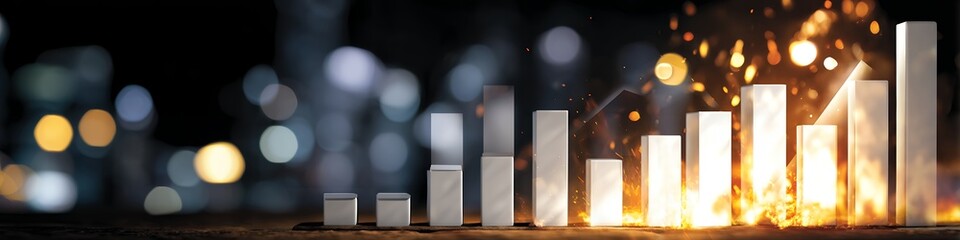 Financial Growth Chart With Bright Orange Sparks And City Bokeh Background At Night