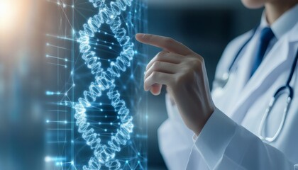 Doctor interacts with a digital dna model, exploring genetic research and biotechnology advancements