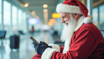 Santa Claus is typing on his phone in the airport waiting room with a suitcase