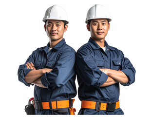Two Electrician Workers Standing Back to Back in Uniform, Confident Portrait Isolated on Transparent Background