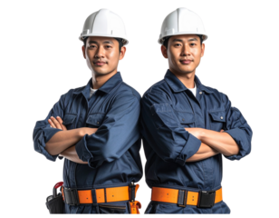 Two Electrician Workers Standing Back to Back in Uniform, Confident Portrait Isolated on Transparent Background