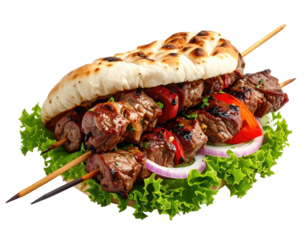 Grilled meat skewers in a pita