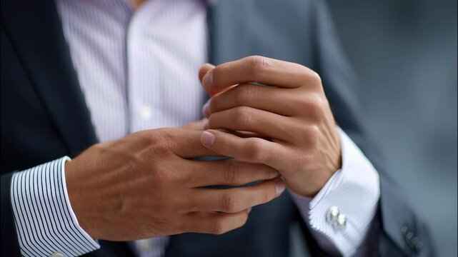 Businessman fastening silver cufflinks, adjusting tailored shirt sleeve, reflecting refined professional style grooming precise with video 4k