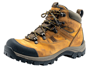 Close-up of a tan hiking boot