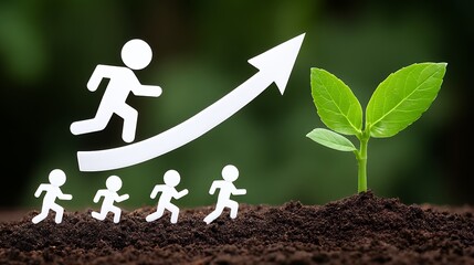 Paper Cutout Figures Running Towards Growing Plant With Upward Arrow Symbolizing Growth And Success