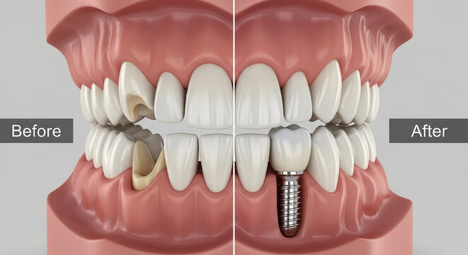 Dental implant before and after comparison showing tooth decay and restoration with titanium screw and crown, illustrating dental surgery and oral hygiene