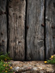 Rustic Wooden Fence With Small Flowers and Greenery in Daylight