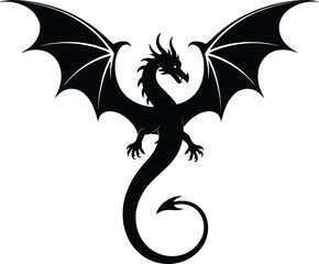Detailed black dragon illustration with outstretched wings on transparent background silhouette