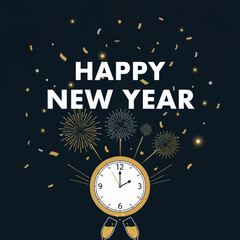 Fototapeta premium Midnight Celebration Flat Vector. Professional illustration of a golden clock, fireworks, and champagne. Minimalist design for New Year's promotions, invitations, and digital flyers.