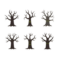 Set of six spooky bare trees with glowing eyes, isolated on transparent background