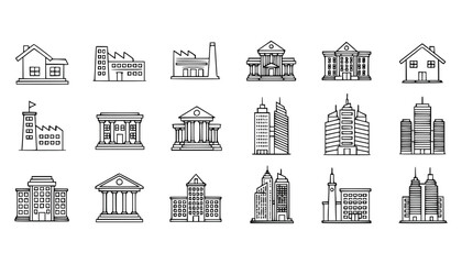 Vector art of collection of handdrawn building icons, including houses, factories, and modern skyscrapers