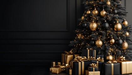 Elegant black and gold christmas tree with presents