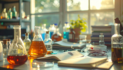 Photo of a cluttered scientist’s workstation filled with notebooks background