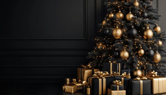 Elegant black and gold christmas tree with presents