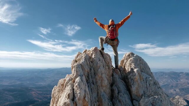 Summit of Triumph: A solitary figure stands triumphant atop a rugged mountain peak, arms raised against a brilliant azure sky.
