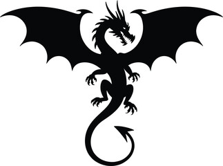 Detailed black dragon illustration with wings and tail on transparent background silhouette