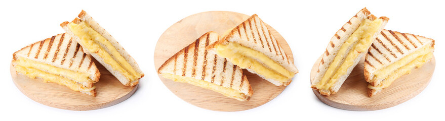 Yummy sandwiches with cheese isolated on white, collage