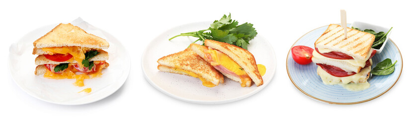 Yummy sandwiches with cheese isolated on white, set