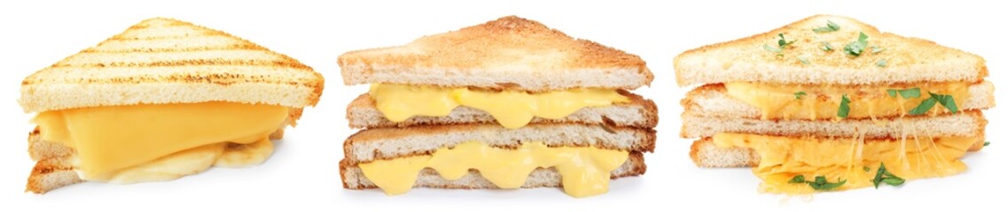 Yummy sandwiches with cheese isolated on white, set