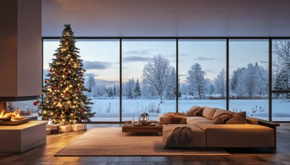 Cozy christmas living room with a view of a snowy landscape