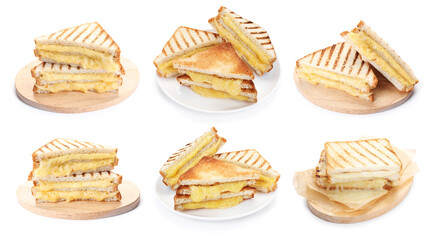 Yummy sandwiches with cheese isolated on white, set