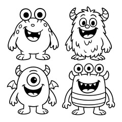 4 Smiling Monsters Vector Illustration. Outline Design. Coloring Book Page. SVG. Transparent Background. Printable Halloween Design.