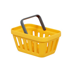 3D render of a yellow plastic shopping basket with a gray handle isolated on white background. Retail concept