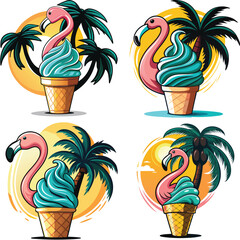 Tropical flamingo ice cream cone with palm trees and sun