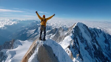 Conquering Heights: A solo climber celebrates atop a snow-capped peak, embodying triumph, resilience, and the spirit of overcoming challenges.