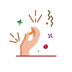 Illustration of a Hand Lighting a Cigarette with Colorful Confetti and Sparkles on a Transparent Background